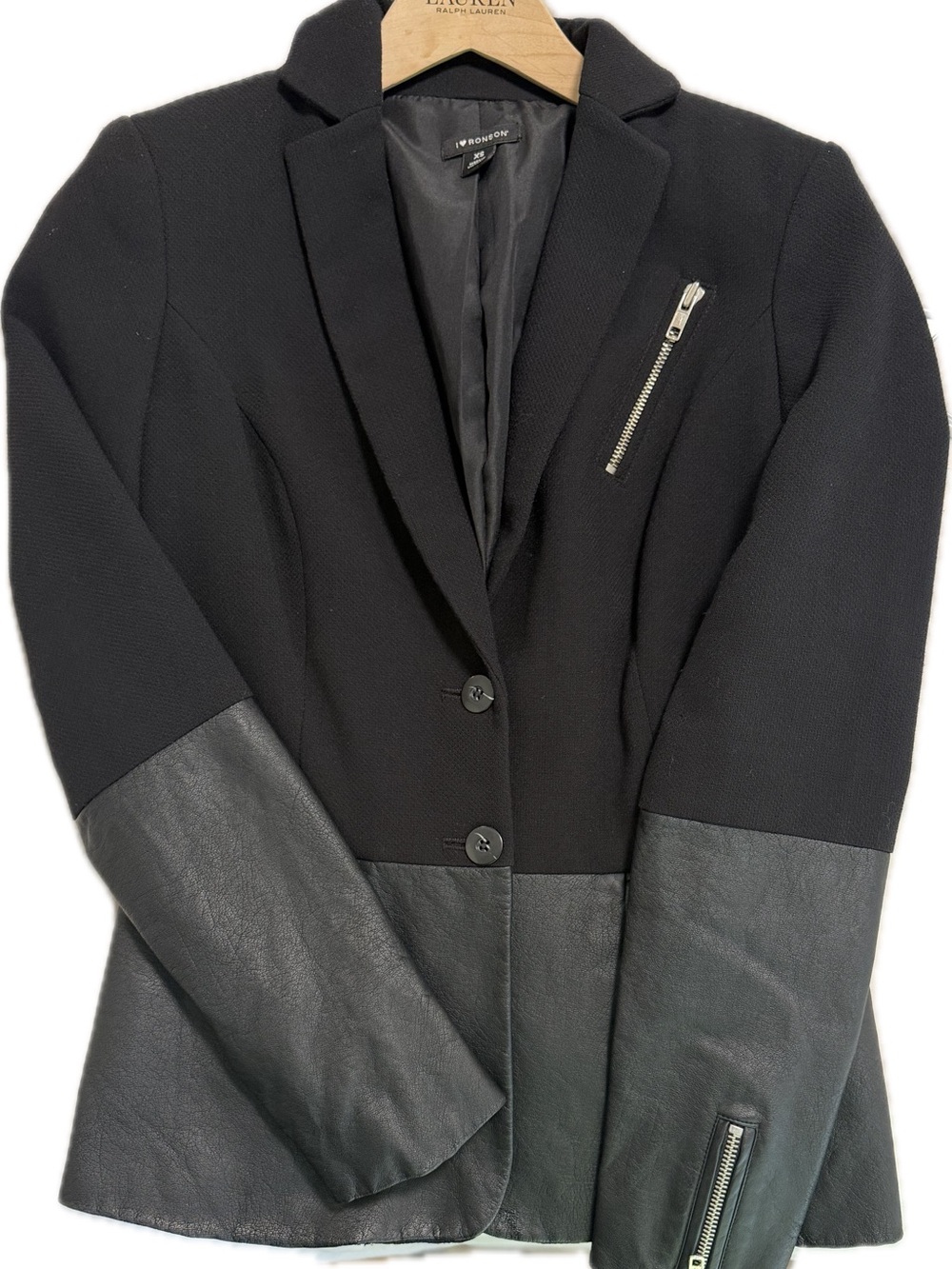 I Heart Ronson Black Mixed-Media Faux-Leather Panel Blazer Size XS
